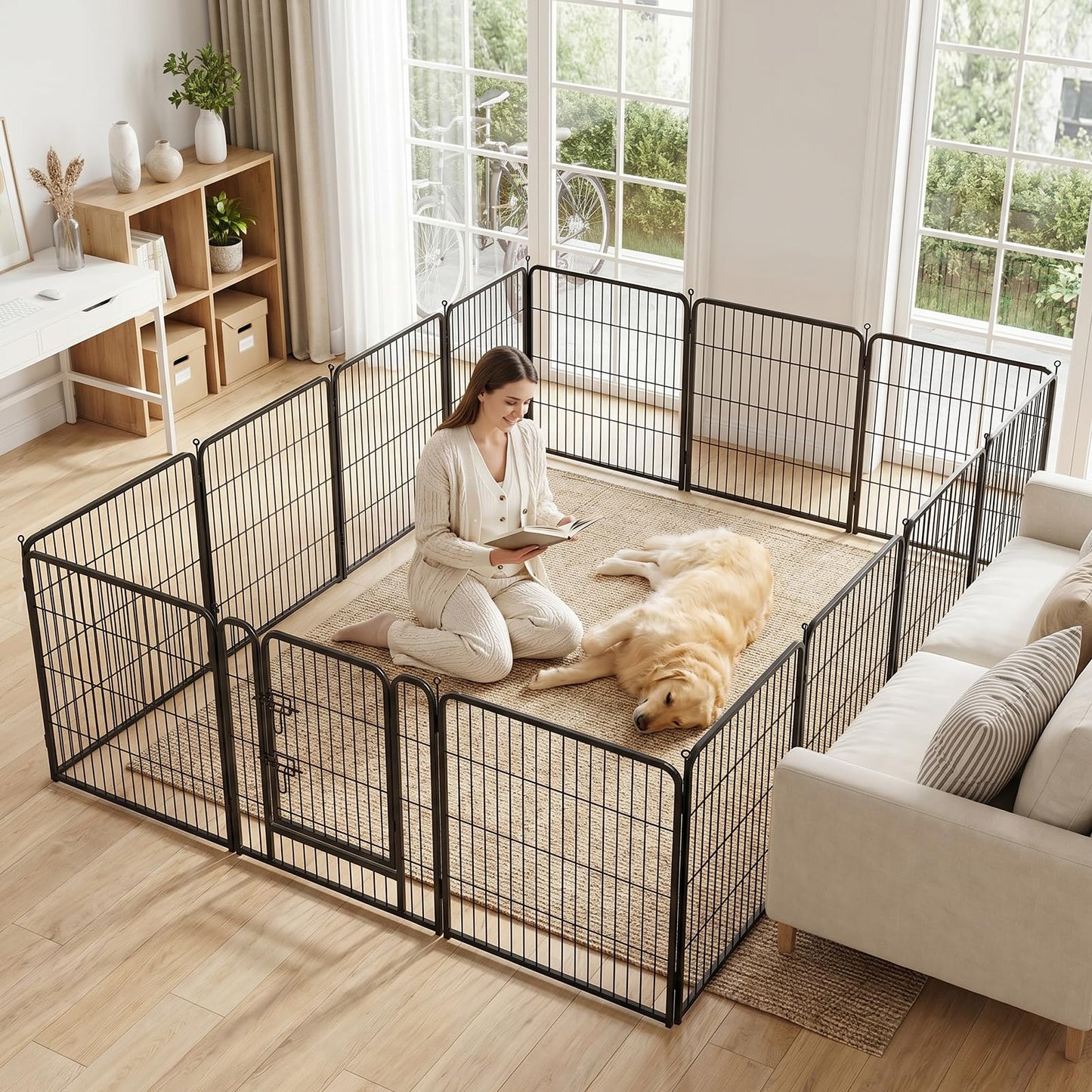 MAKE CHANGES Metal Dog Playpen - 32" Height 16 Panels Foldable Exercise Pen for Dogs Indoor/Outdoor Pen with Door for Pet Animals Portable Pet Playpen Polygon Dog Enclosure (Black)