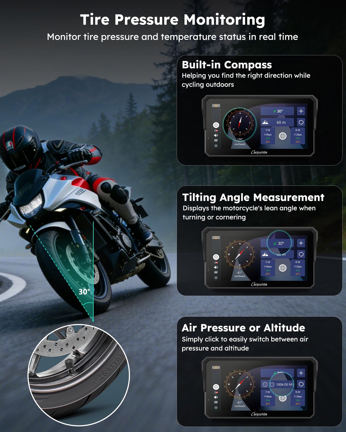 Carpuride Motorcycle Carplay with Type-C Port & TPMS, 6.25" Wireless Car Play & Android Auto GPS Navigation Moto Screen with Wired Controller, IP67 Waterproof, OTA, Dual Bluetooth, Intercom,Play Music