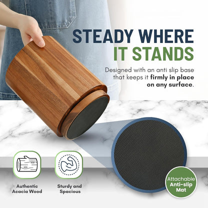 Linda's Essentials Acacia Wooden Utensil Holder - 360° Rotating Non-Slip Design for Kitchen Counter