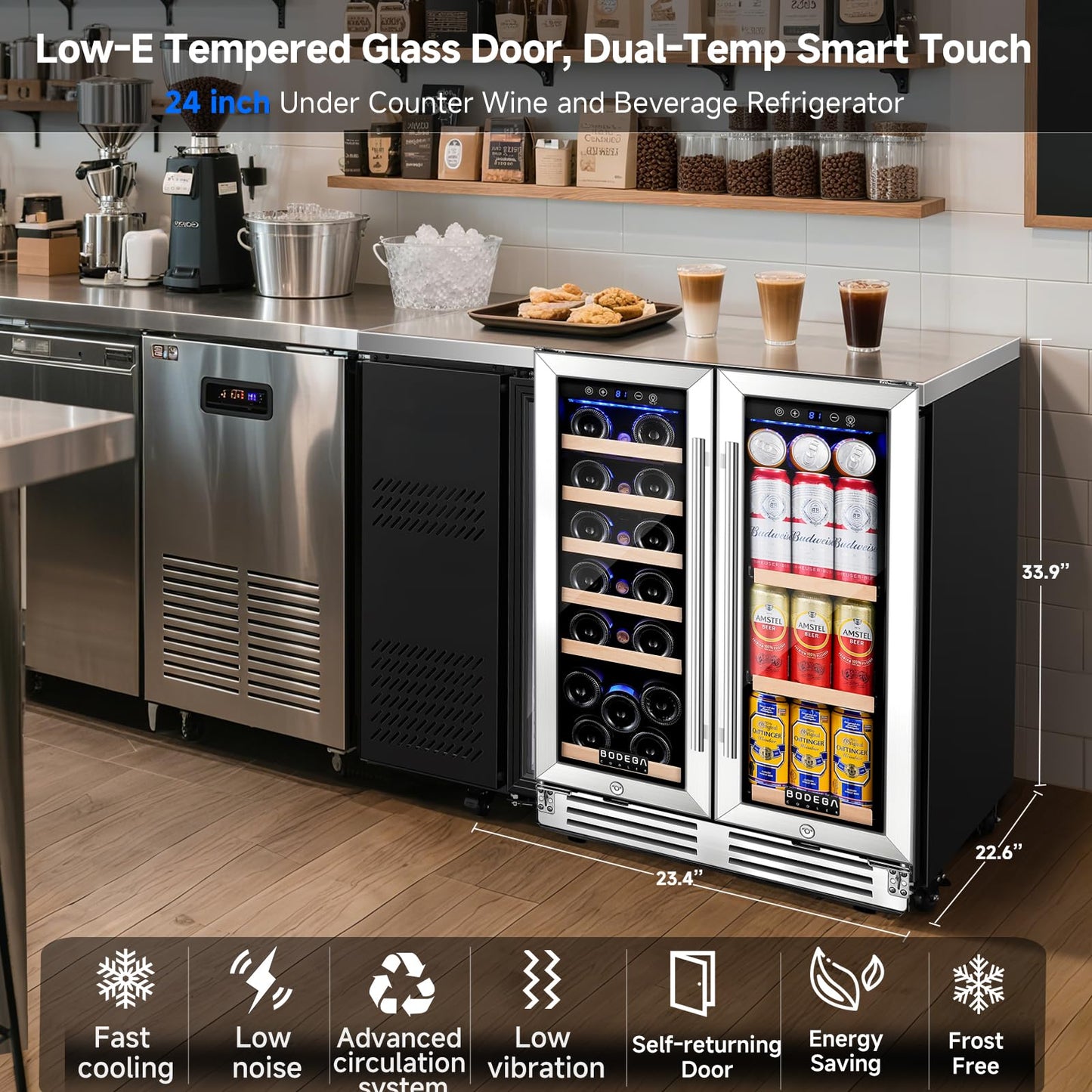BODEGA 24 Inch Wine and Beverage Refrigerator, Dual Zone Wine and Bar Beverage Cooler, Commercial Black Bar Cooler With 2 Glass Doors, Bar Fridge Hold 19 Bottles and 57 Cans,Built-In or Freestanding.