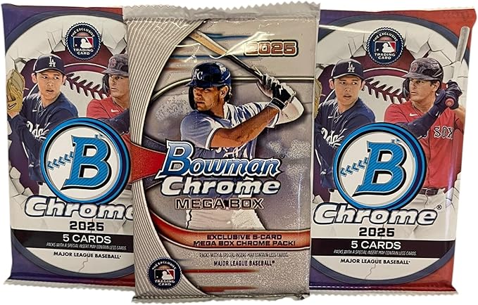 Topps 2025 Bowman Chrome Baseball MLB Trading Cards – 3 Pack Bundle (2 Bowman Chrome Packs + 1 Exclusive Mega Chrome Pack) – 15 Cards Total