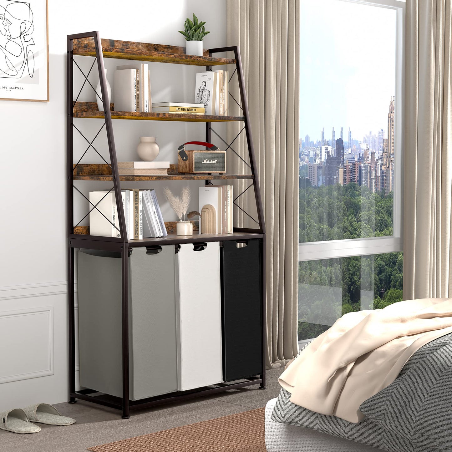 Herture Laundry Basket, 3 Section Laundry Hamper with 4 Tiers Shelf, Pull-Out and Removable Laundry Bags, Large 3 x 15.87 Gallons, for Laundry Room Bathroom Rustic Brown PF05XLN