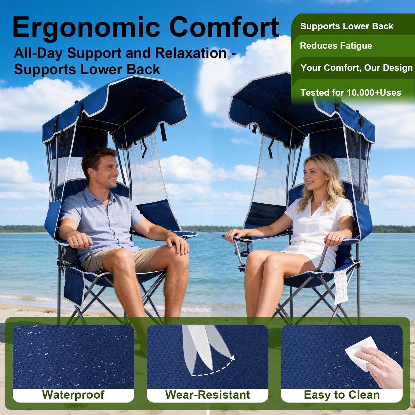 Romswi Folding Canopy Beach Camping Chairs for Adult 2 Pack, Portable Outdoor Chairs with Sunshade,Cup Holder & Side Pocket for Camping, Fishing, Beach, Backyard, Navy