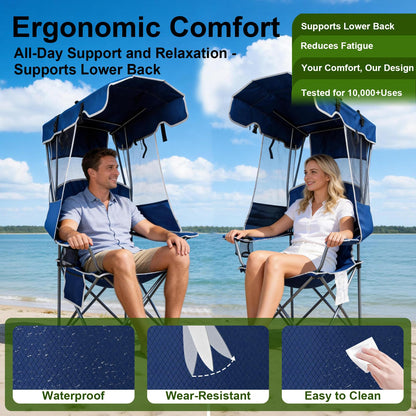 Romswi Folding Canopy Beach Camping Chairs for Adult 2 Pack, Portable Outdoor Chairs with Sunshade,Cup Holder & Side Pocket for Camping, Fishing, Beach, Backyard, Navy
