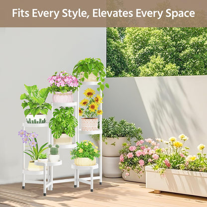 LASZOLA 8 Tiered Plant Stand Indoor Outdoor with Plastic Tray, Corner Folding Tall Flower Display Rack, Modern Plant Holder Shelf for Outdoor Patio Porch Garden Office Living Room, White