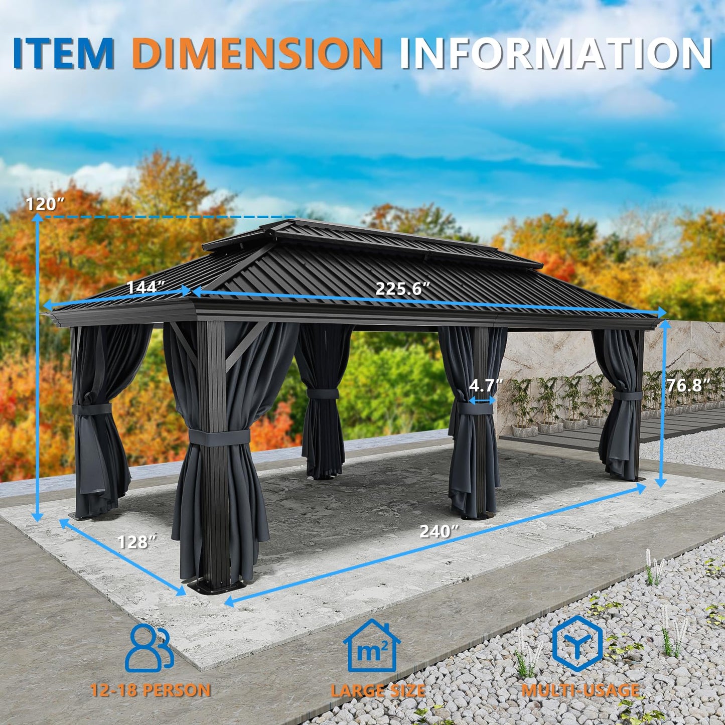 HOTEEL 12x20 Hardtop Gazebo on Clearance with Metal Roof & Gutter, Heavy Duty Galvanized Steel Patio Gazebo with Aluminum Frame, Privacy Curtains and Netting, for All-Weather, Black (2026 Upgraded)