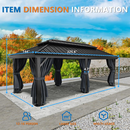 HOTEEL 12x20 Hardtop Gazebo on Clearance with Metal Roof & Gutter, Heavy Duty Galvanized Steel Patio Gazebo with Aluminum Frame, Privacy Curtains and Netting, for All-Weather, Black (2026 Upgraded)