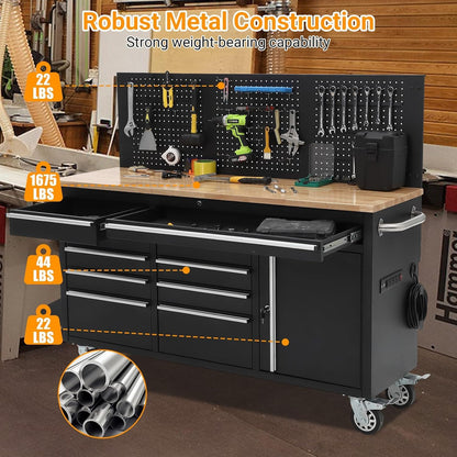 PeakPursuit 61" Rolling Tool Chest with 10 Drawers, Workbench Cabinet with Power Strip, Solid Rubber Wood Top, Pegboard, 1675 LBS Load, Mobile Heavy Duty Garage Storage, Locking Wheels, Black