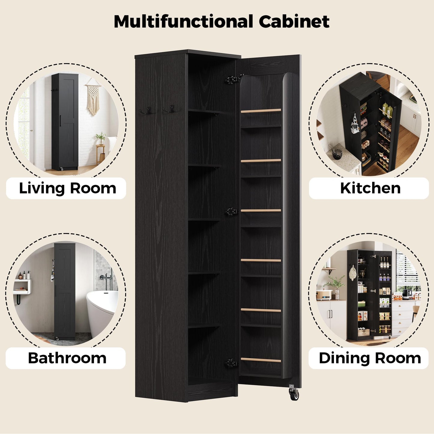 IRONCK Narrow Kitchen Pantry Storage Cabinet, 72" Slim Single Door with 6 Adjustable Shelves, Door Rack and Wheels, Space Saving Freestanding Storage Floor Cabinet for Small Place, Black