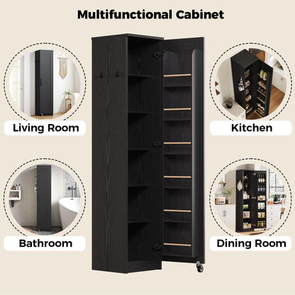 IRONCK Narrow Kitchen Pantry Storage Cabinet, 72" Slim Single Door with 6 Adjustable Shelves, Door Rack and Wheels, Space Saving Freestanding Storage Floor Cabinet for Small Place, Black