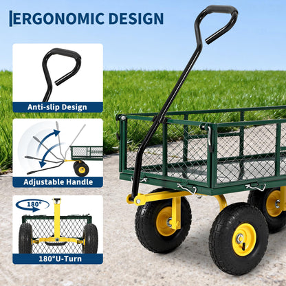 900 lbs Heavy Duty Steel Garden Cart, Garden Wagon Cart on Wheels, Outdoor Metal Yard Utility Wagon Carts with and Mesh Removable Sides and 180°Rotating Handle,Green