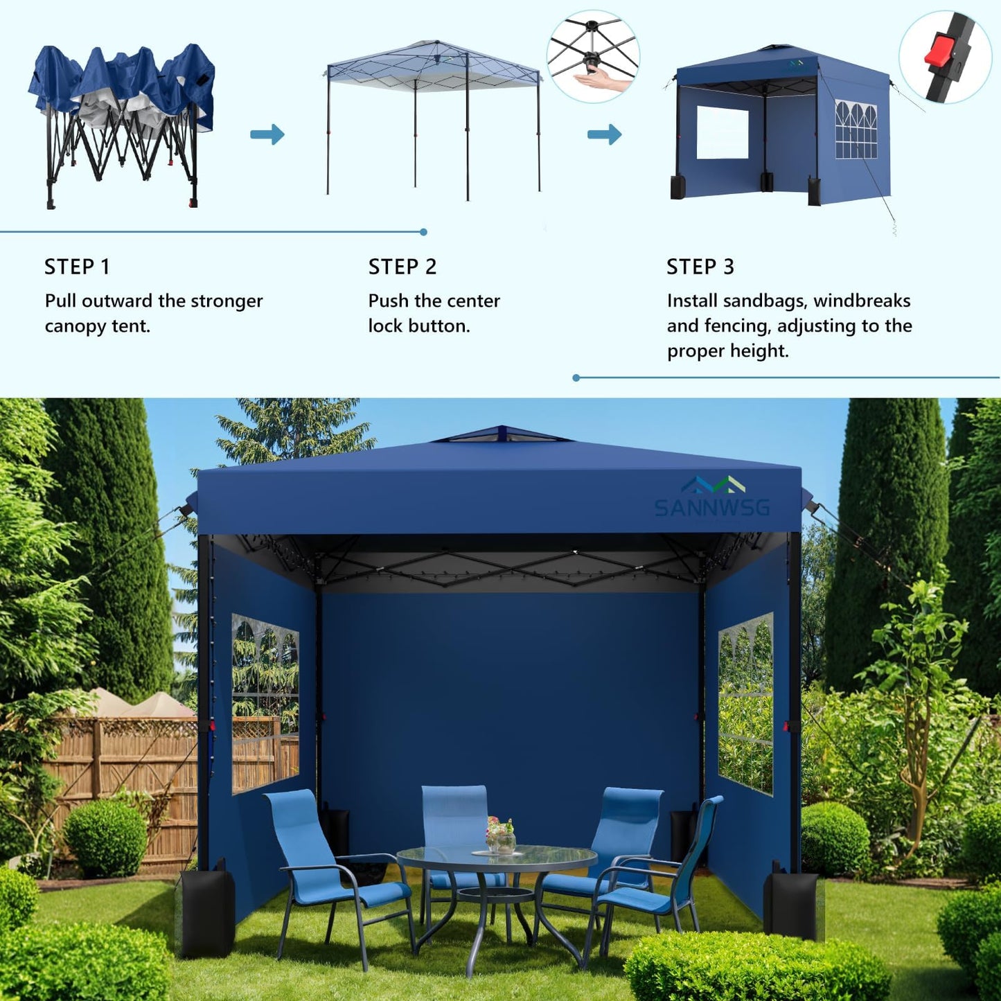 12X12 Pop Up Canopy Tent with 3 Sidewalls,Easy Up Canopy,Commercial Instant Shelter,Heavy Duty One Person Set Up Event Tent,Blue