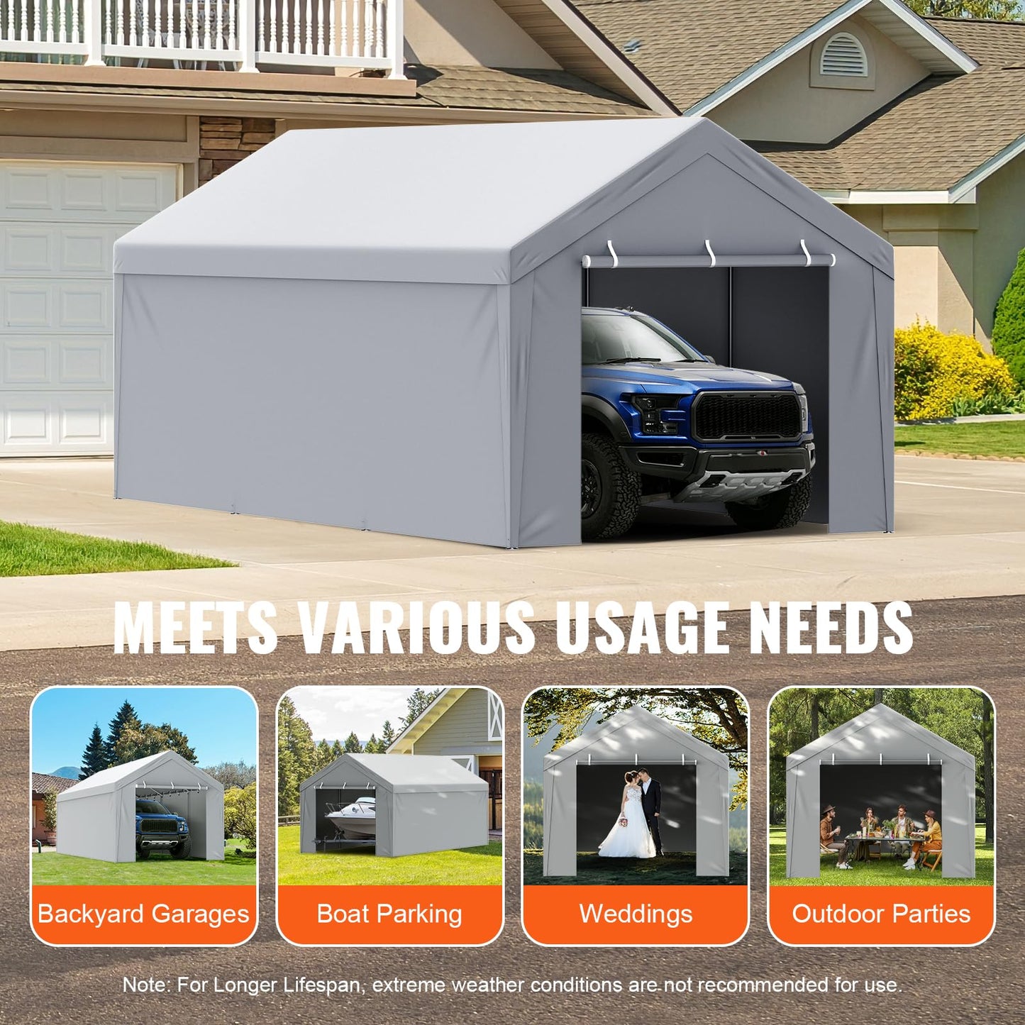 VEVOR Carport Replacement Canopy Cover Top + Side Wall 12 x 20 ft, Garage Tent Shelter Tarp Heavy-Duty Waterproof & UV Protected, Easy Installation with Ball Bungees,Grey (Frame Not Included)