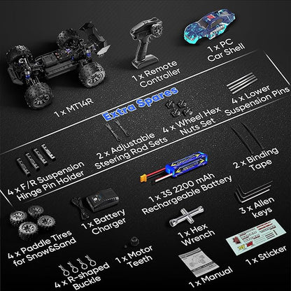 1/14 Scale Fast Brushless RC TruckMax 50 MPH High-Speed 4X4 Off-Road VehicleWaterproof All-Terrain Remote Control Truggy with 3S LiPo Battery - Includes 4 Spare Parts Kits