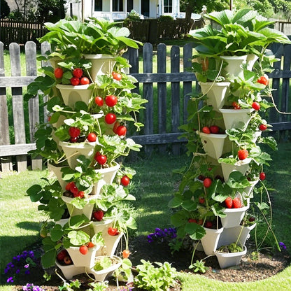 Lykvrii 7 Tiered Strawberry Planters 2 Pack, Vertical Stackable Planter, Herb Stacking Tower Garden, Flower and Vegetable Planters with Support Pole Indoor & Outdoor with Removable Wheels - White
