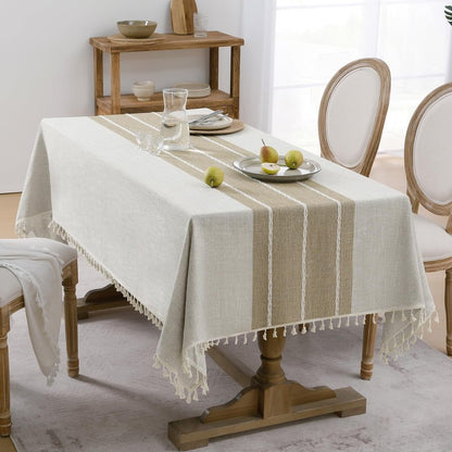 Softalker Outdoor Tablecloth Rectangle, Waterproof Linen Cotton Farmhouse Table Cloths with Tassel, Heavy Weight Wrinkle Free Boho Table Cover for Picnic Camping Dining - 55 x 70 Inch, Coffee Lines