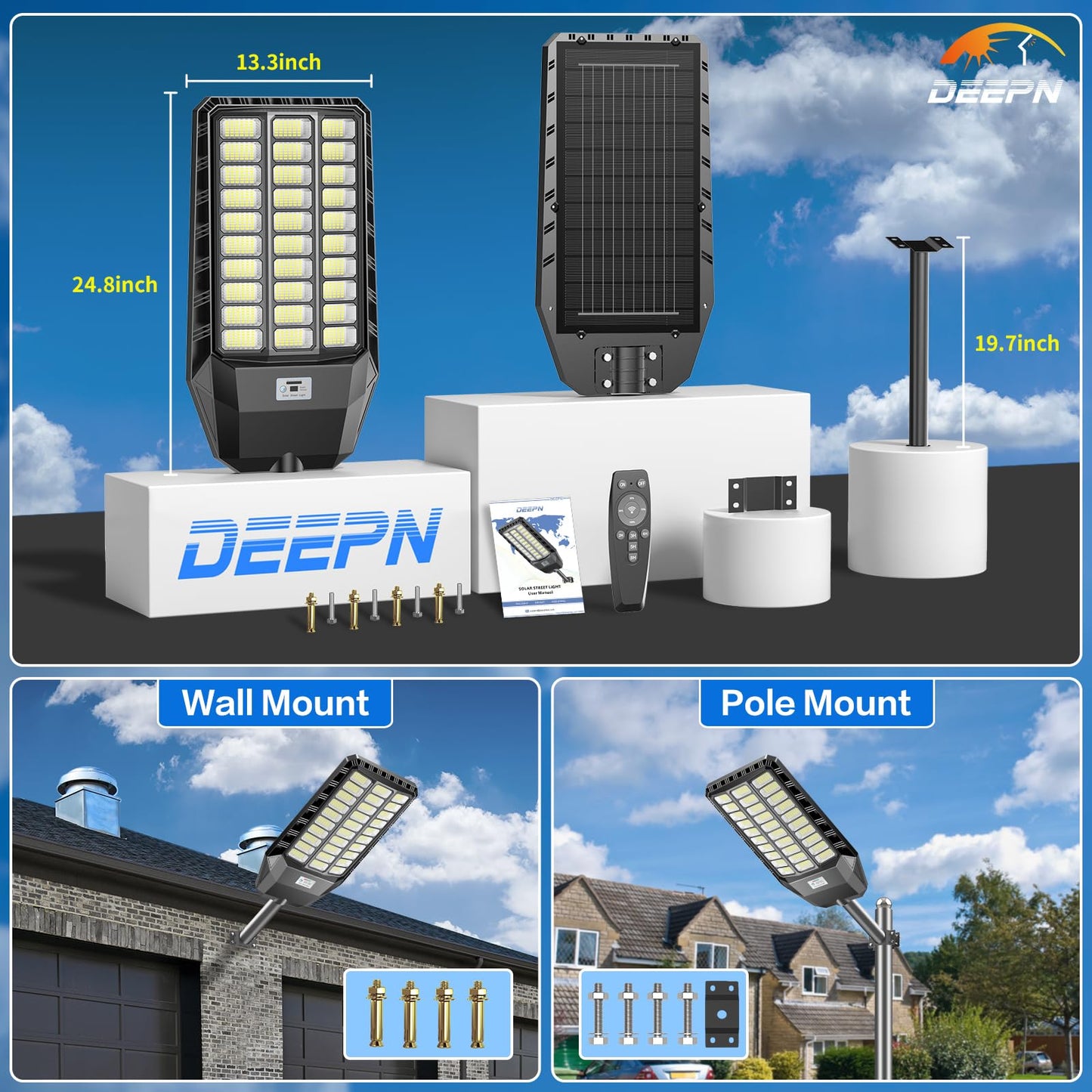 Deepn Solar Street Light, Commercial Grade Solar Lights Outdoor IP67 Waterproof, 8700W LED Flood Security Lights Motion Sensor & Dusk to Dawn Outdoor Lighting for Parking Lots, Streets & Yard, 4 Pack