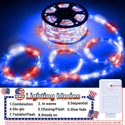 Skiennix 100ft LED Rope Lights - Waterproof, Connectable & Flexible Tube Lights | 8 Modes, Red, White & Blue