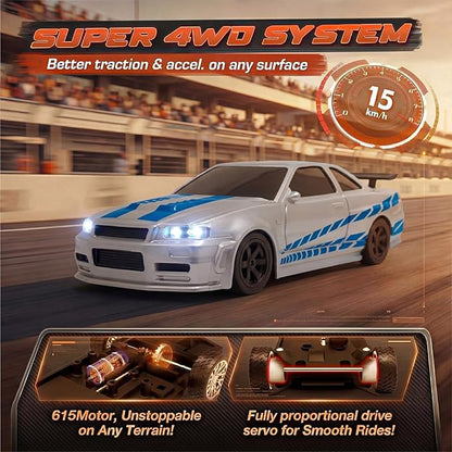 [2026 New Upgrade 1/43 Scale Mini RC Drift Car with Gyroscope Toys for Age 8-14 Old Birthday Gifts Micro Small with Full Proportional RTR 2.4GHz Remote 2 Tire Sets 8 Cones - Silver Blue