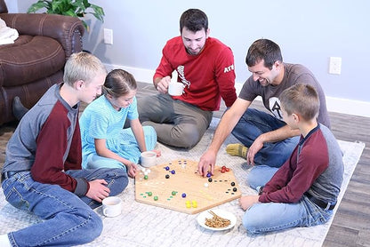 AmishToyBox.com Wahoo Wooden Marble Game Board Set - Large 24 Wide - Solid Oak Wood - Double-Sided - with Large 22mm Marbles and Dice Included