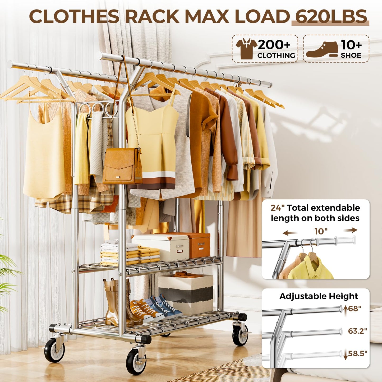 HYSEYY Heavy Duty Clothes Rack, Rolling Clothing Rack With Shelves Load 620 LBS, Double Rod Clothing Racks for Hanging Clothes, Portable& Adjustable Clothes Rack with Wheels Garment Rack