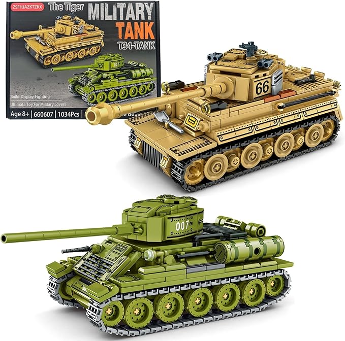 WW2 Tank Building Blocks Set – German Tiger and Soviet T-34 Army Tank Military Model Kits Toy Gifts for Boys and Men Collectors