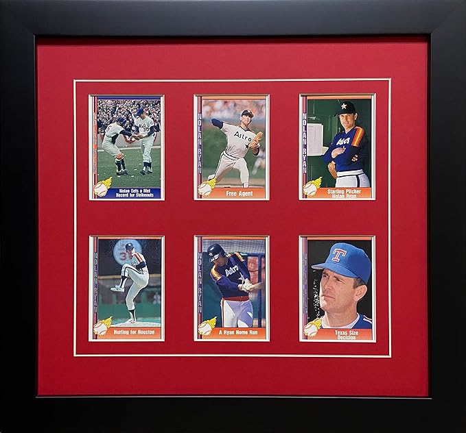 Trading Card Frame for 6 Standard Trading Cards Black Frame with Matting and Card Mounts (Red White Trim Mat - Black Frame)