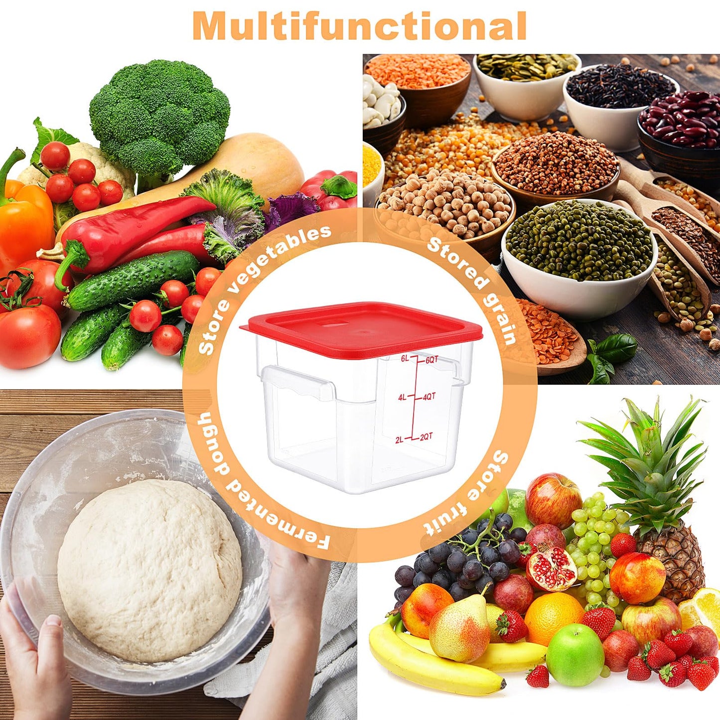 Ziliny 15 Sets 6 Qt Square Food Storage Containers with Lids Commercial Polycarbonate Containers Dough Proofing with Scale Clear Airtight Cereal for Pantry Home Restaurant