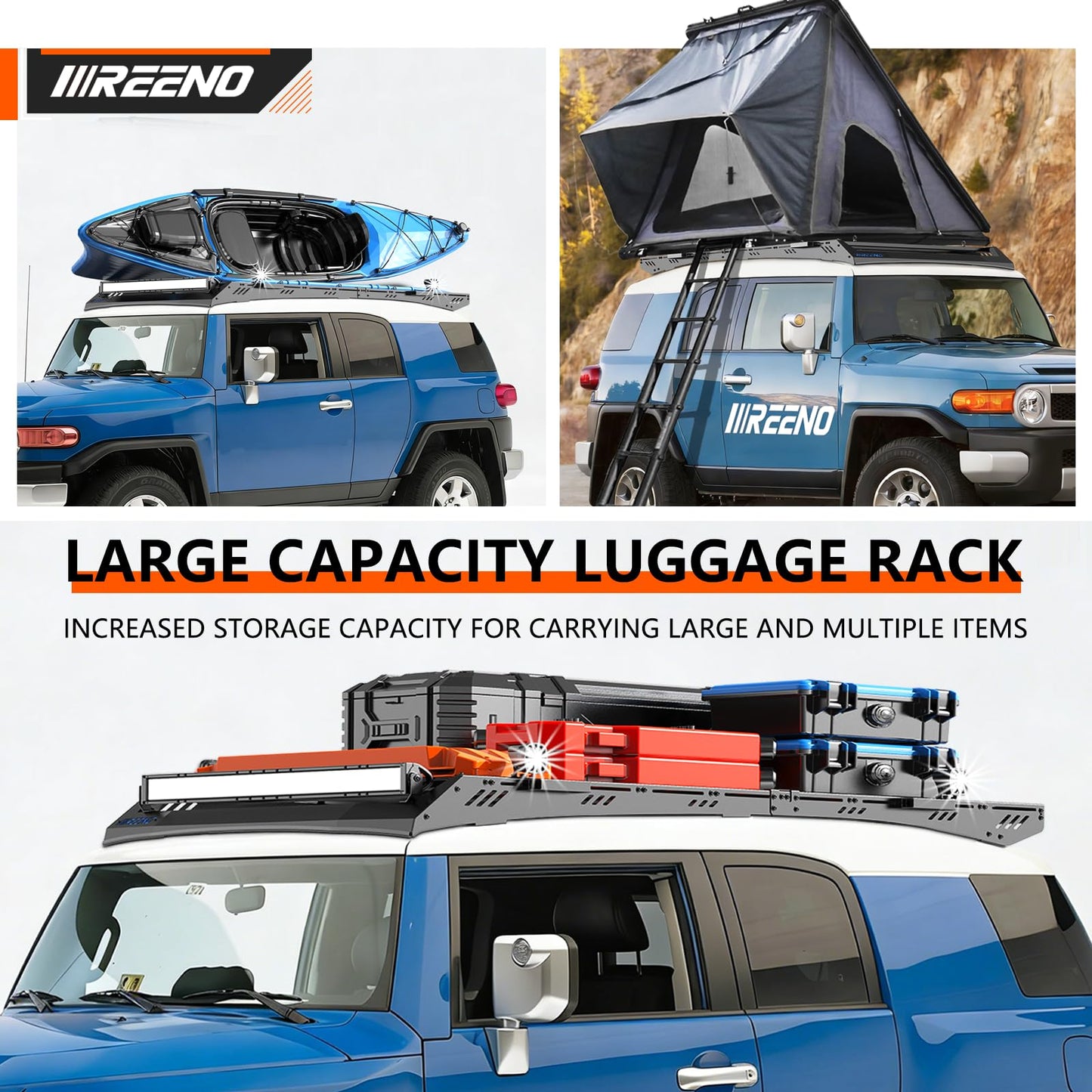 IIIREENO Overland Roof Rack Platform for Toyota FJ Cruiser 2007–2016, Heavy Duty Aluminum Roof Rack, 1000 lbs Static / 500 lbs Dynamic Load, LED Light Bar Compatible, No-Drill Installation