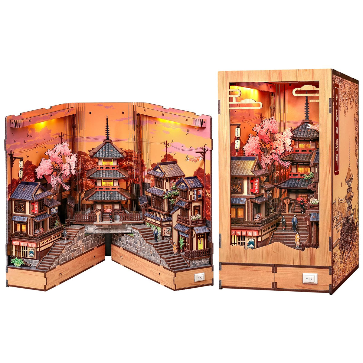 CUTEBEE Book Nook Kit – DIY Miniature House Diorama Kit for Adults, Japanese Kyoto Street Booknook Twilight Sakura Path, 3D Wooden Puzzle Bookshelf Insert, Fold-Out Dollhouse Decor Gift