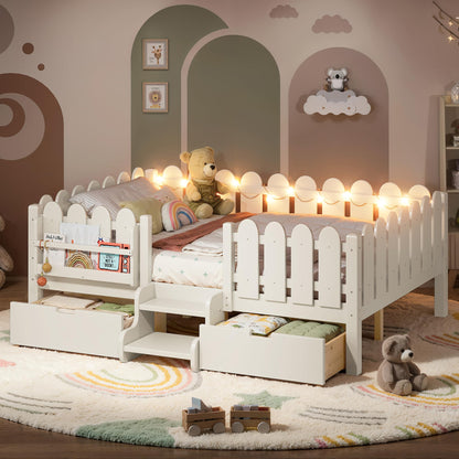Bellemave Full Kids Montessori Bed with Stairs, Bookshelf and LED Lights, Solid Wood Kids Bed Frame with Storage Drawers for Boys Girls, Low Profile,Beige