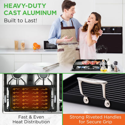 NutriChef 20"x13" Stove Top Grill Pan - Double Burner, Hard-Anodized Non stick Grill & Griddle Pan