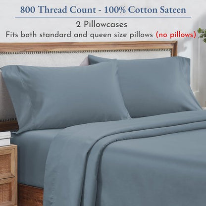 Heirloom 800 Thread Count 100% Cotton Sateen Pillow Cases - Soft & Smooth, Standard Size (Dusty Blue)