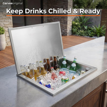 Garvee Drop-in Ice Chest, Large Capacity Stainless Ice Bin with Lid & Drain-Pipe Set, Commercial Grade Insulated Ice Bucket for Cold Wine Beer, Non-Electric 24H Cold Retention for Outdoor Kitchen&Bar