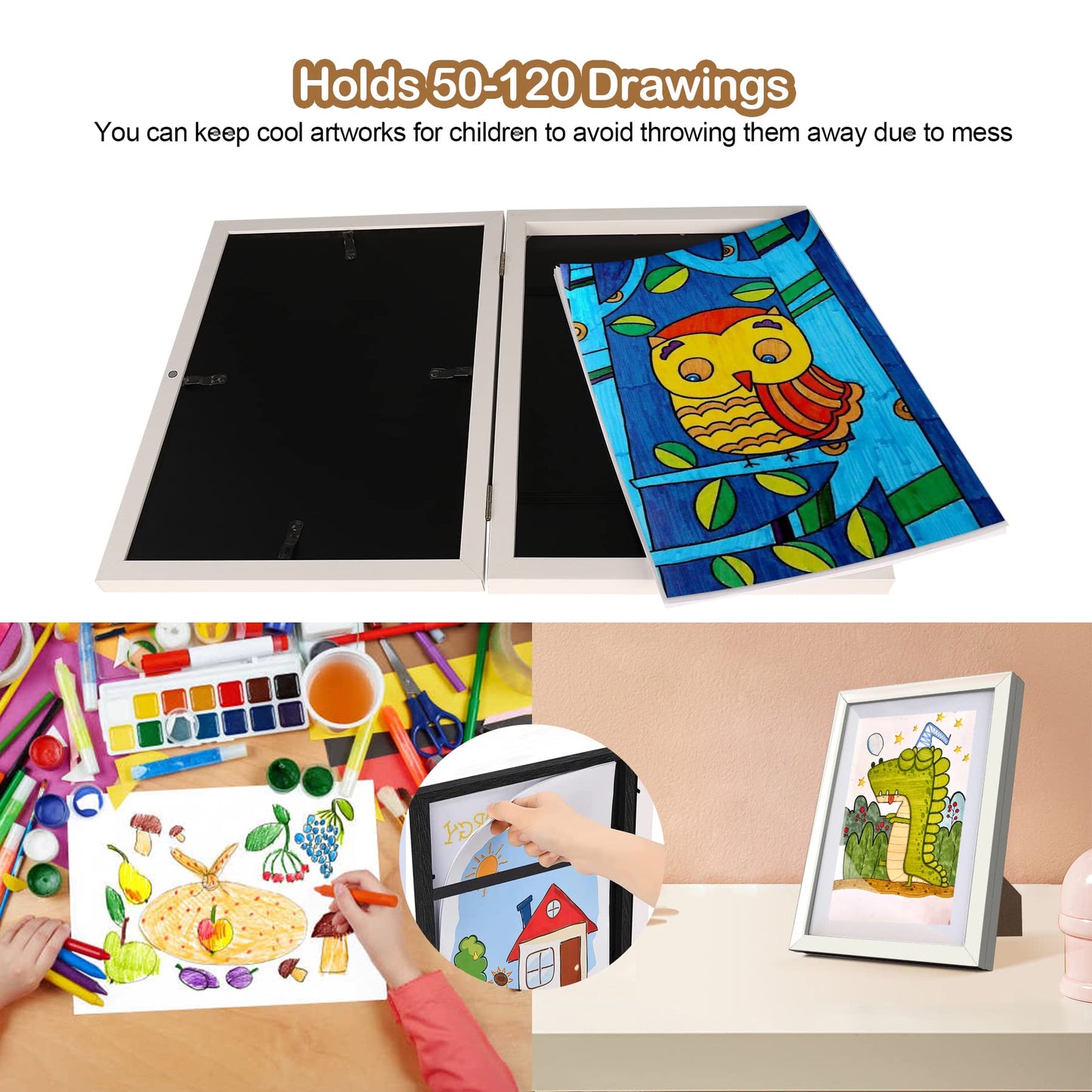 UBeesize 9.5x13 Kids Art Frame - A4 Artwork Display Kids Art Frames Front Opening Holds 50 - Changeable Picture Display 8.5x11 Without Mat and 6.1x9.6 With Mat -Storage Frames with Easel Back(Wood)