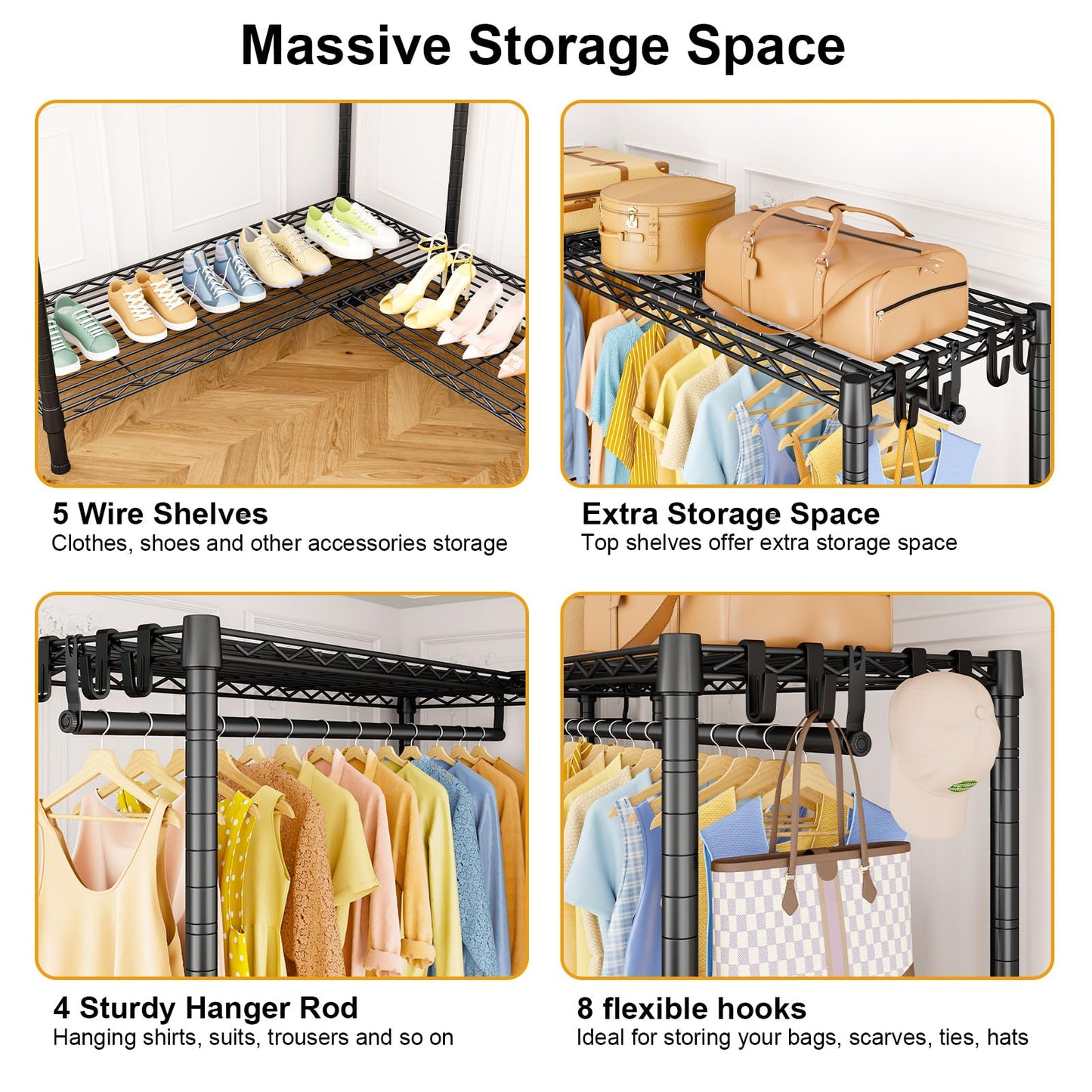 ULIFHOME E15 Pro Garment Rack L Shaped Clothes Rack for Corner，Freestanding Clothing Racks for Hanging Clothes，Heavy Duty Closet System with 4 Hanging Rods & 8 S Hooks，48.8"W x 15.8"D x 78.4"H，Black