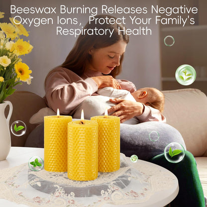 3 Pack Natural Beeswax Pillar Candles,Handmade Pure Beeswax Rolled Candle-60 Hours Long Burning,Honeycomb Bees Wax Candles for Home, Prayer,Dripless Smokeless Unscented Pillar Candle 2x4in