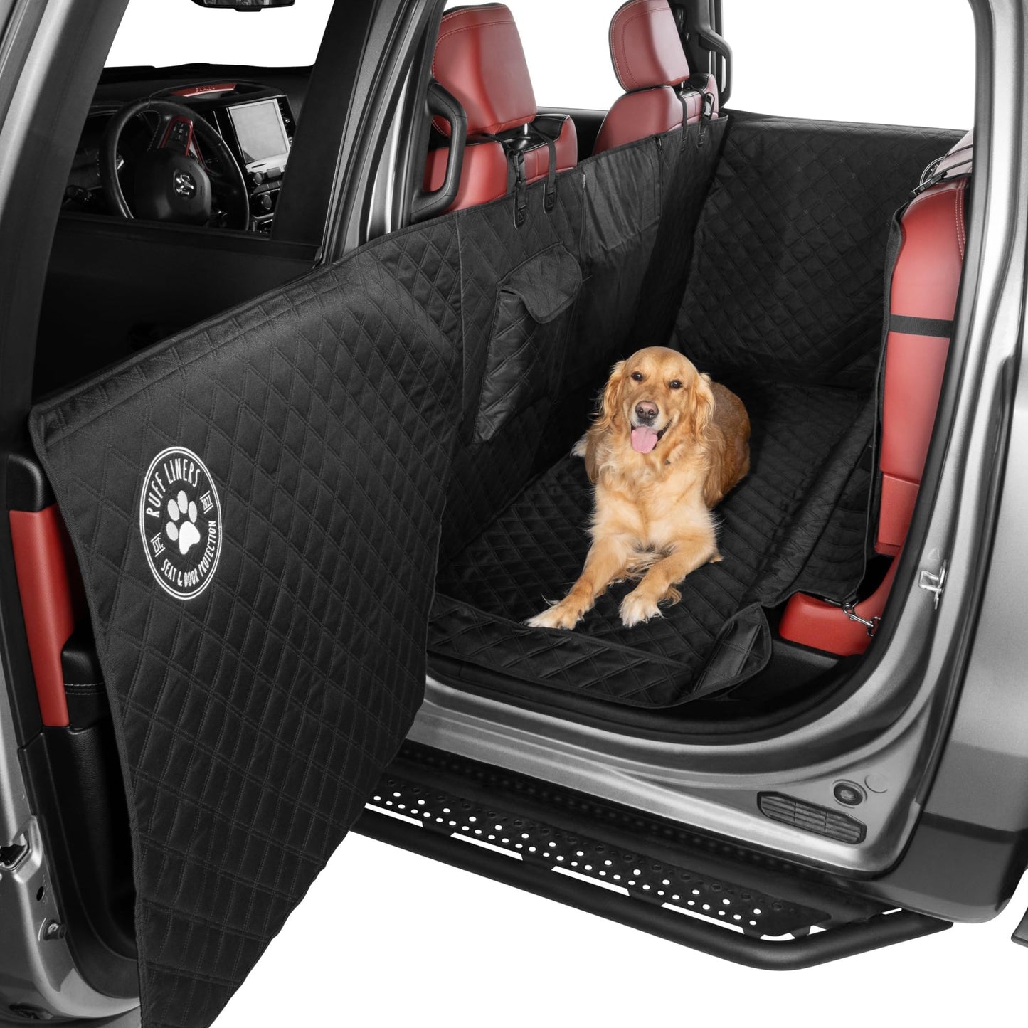 Ruff Liners XL Floor Cover with Door Protection, Black – As Seen on Shark Tank – Fits Full Size Crew Cab Trucks with Fold Up Seats, Waterproof & Machine Washable – Sturdy XL Dog Hammock for Truck