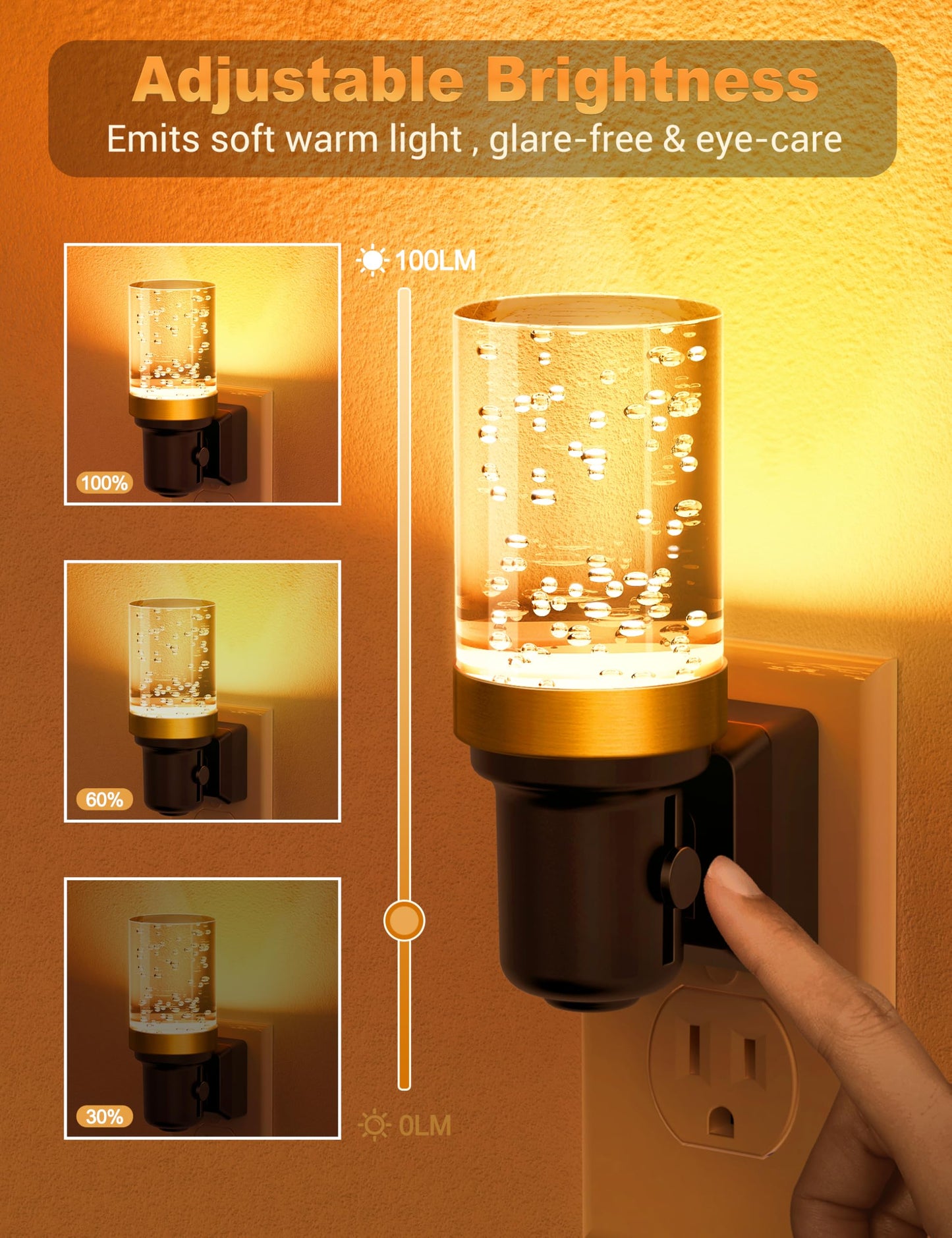 JandCase LED Night Light, Dimmable Night Lights Plug into Wall, Modern Nightlight with Auto On Off Light Sensor, 3000K Soft White Night Light 0-100LM Brightness for Bathroom Hallway Bedroom Decor