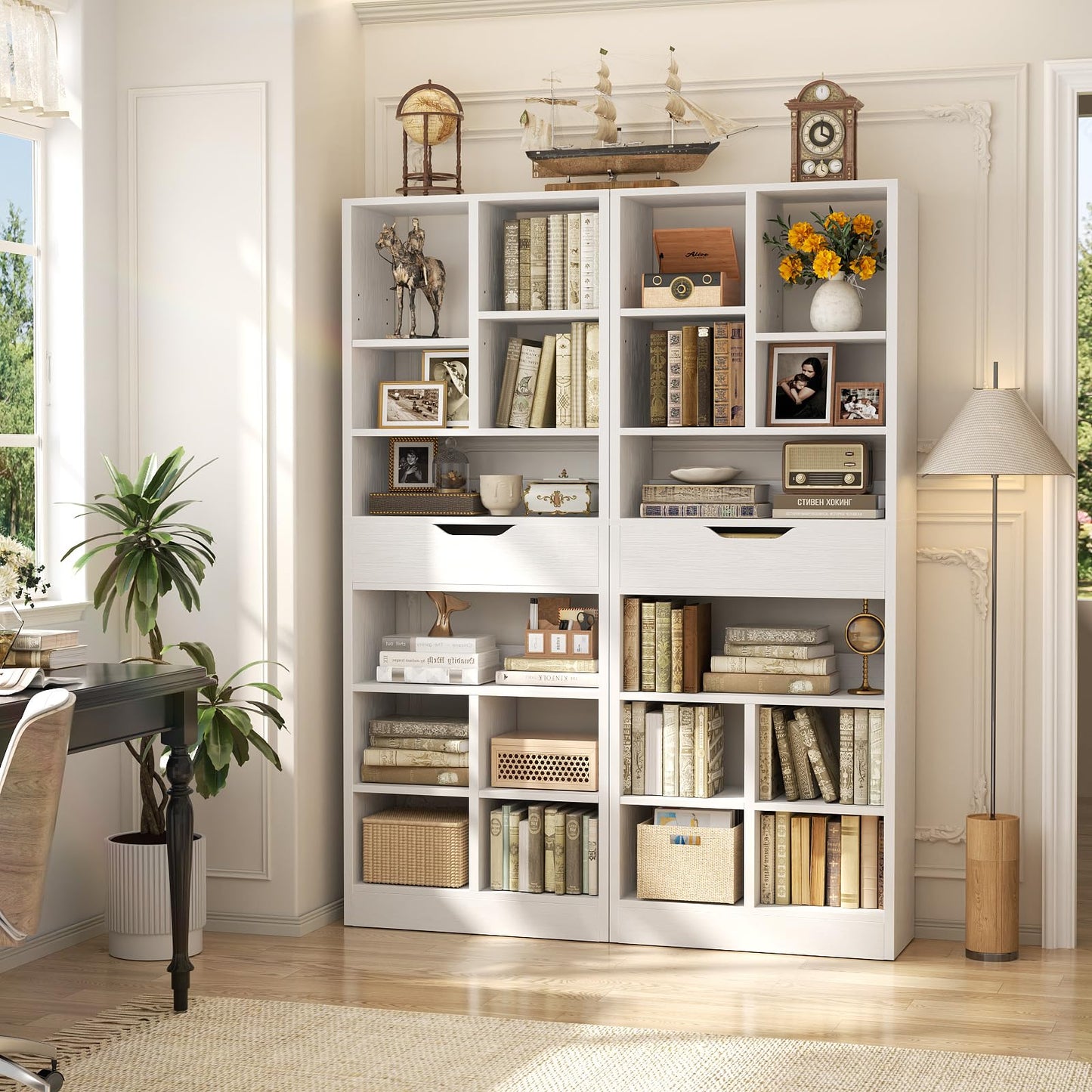 Armocity 8-Tier Tall Bookshelf with Drawer, 73.6" Narrow Freestanding Bookcase, Space-Saving Wood Display Shelves Storage for Living Room, Home Office Bedroom, White