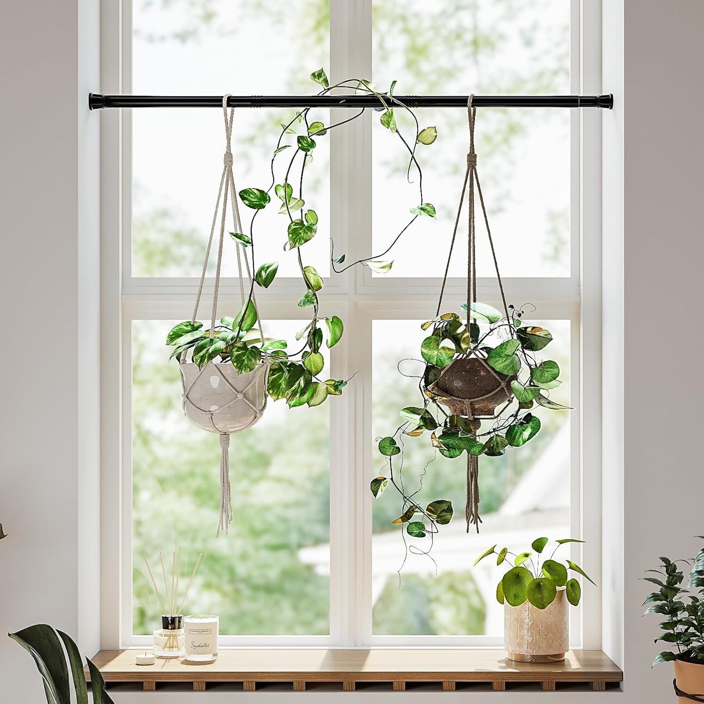 Bamworld Adjustable Window Plant Hanger - No Drill Expandable Indoor Planter Holder | 27''-51'' Black
