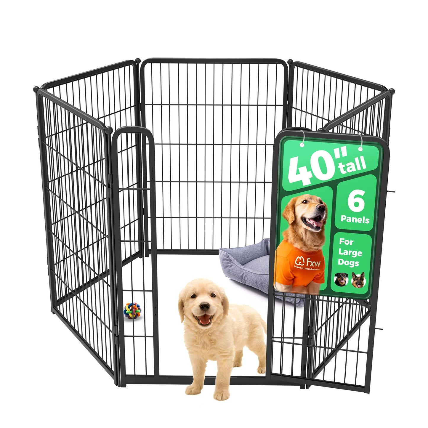 FXW Homeplus Unleashed Indoor Dog Playpen - Stress-Free and Safe Play, Heavy Duty 40 Inch 6 Panels Dog Pen for Medium and Large Dogs, Black│Patented