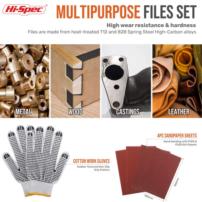 Hi-Spec 17 Piece Metal Hand & Needle File Tool Kit Set. Large & Small Mini T12 Carbon Steel Flat, Half-Round, Round & Triangle Files. Complete in a Zipper Case with a Brush