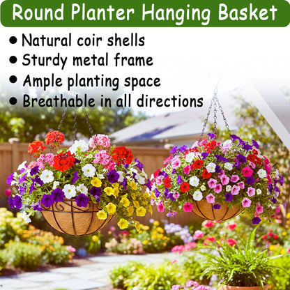 SMYAXUNW 14 Inch Hanging Planters (4 Pack) - Round Metal Baskets with Cocoa Liners for Indoor/Outdoor Gardens, Porch & Patio Decor（HB）