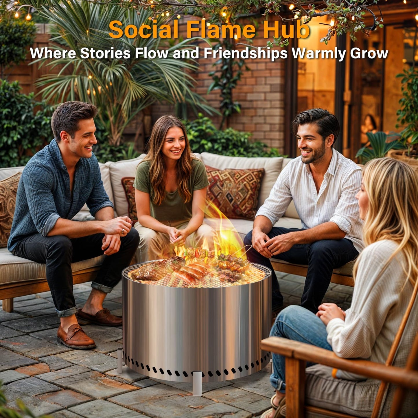 HGD 28" Smokeless Firepit with Stand & Grill Rack, Large Stainless Steel Wood Burning Fire Pit for Friends & Family Gatherings, Secondary Combustion Outdoor Patio Stove for BBQ & Bonfire