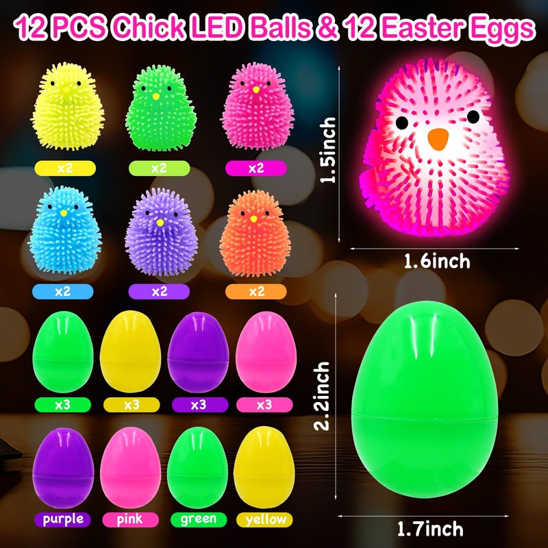 PIONJOY 12 Pack Easter Eggs Filled Chick LED Puffer Balls,LED Light Up Toys Stuffers Stress Relief LED Ball for Kids Easter Egg Hunt Filling Treats Easter Basket Stuffers Easter Party Favor