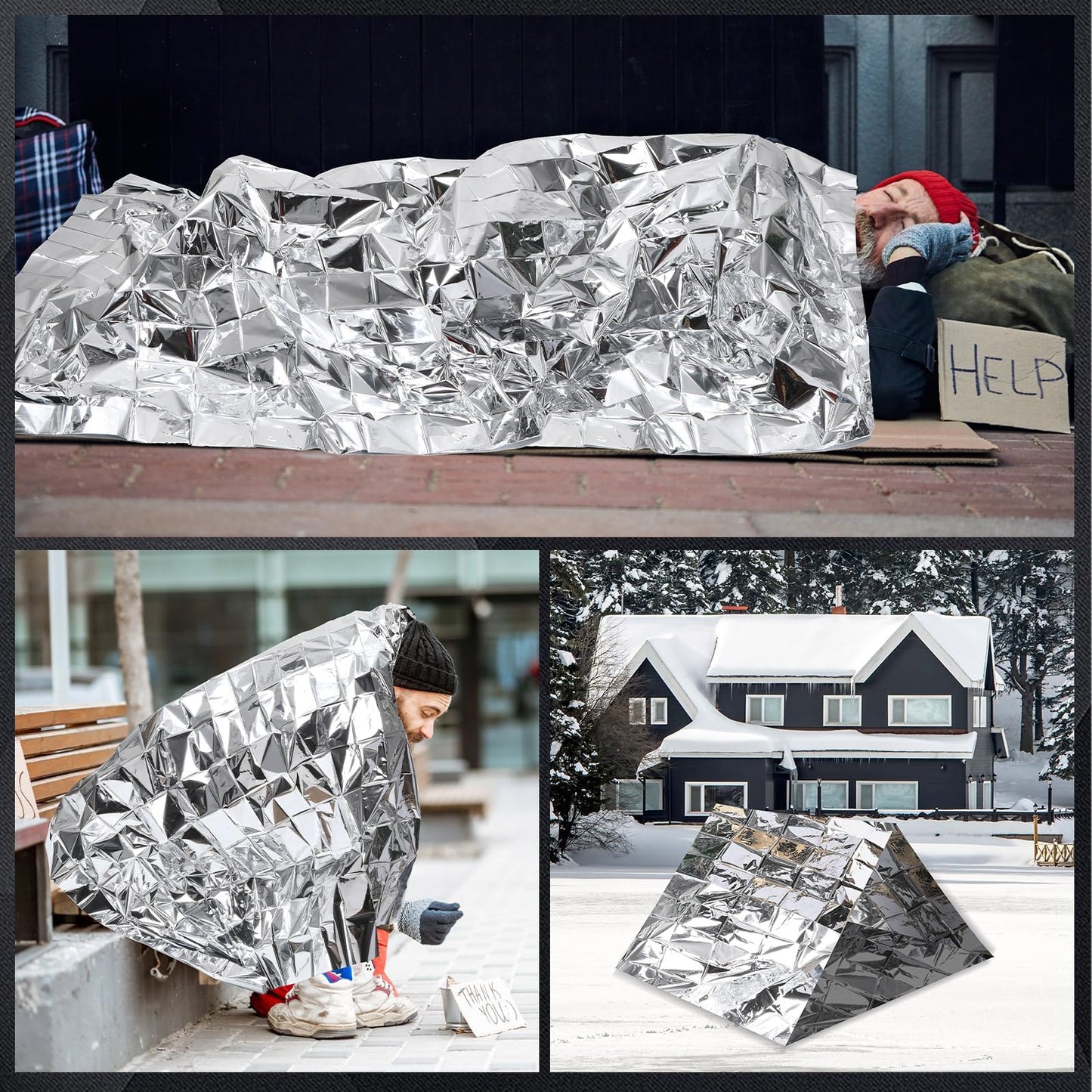 144 Pcs Homeless Care Package Supplies Bulk Winter Beanie Hats Emergency Blankets Sock Gloves Scarf Unisex Draw String Bag Winter Gloves, Scarves, Hats for Charity Church Donation Black