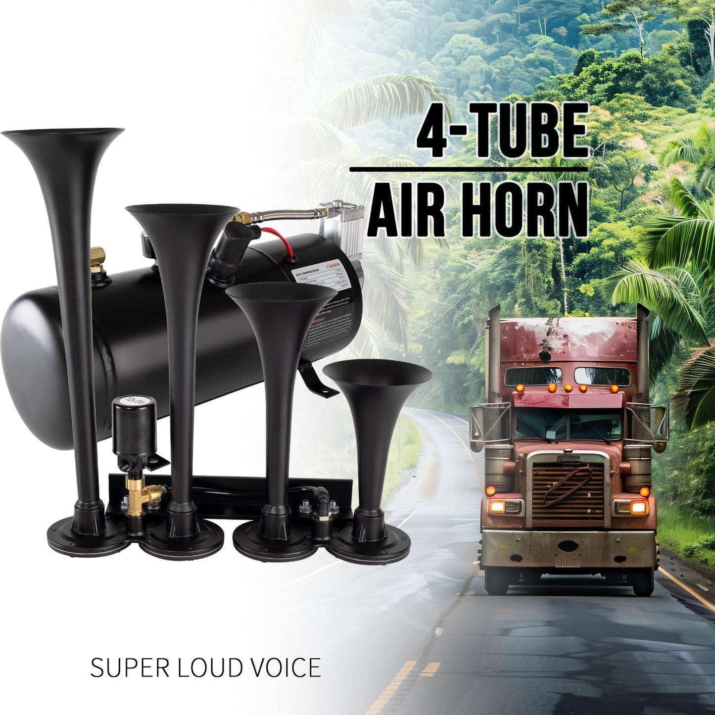 AOLIHAN Super Loud Train Horns Kit,180dB Four Trumpet Truck Horns with 150 PSI Air Tank,12V Air horn with 0.8 gallon Air Compressor Can for Truck, Jeep,Pickup,SUV (Black truck parallel horn kit)
