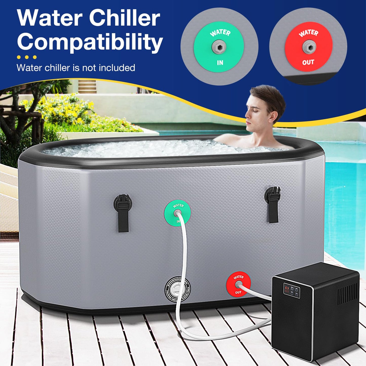 COSTWAY XL 129 Gal Oval Ice Bath Tub with Cover, Portable Outdoor Inflatable Cold Plunge Tub with Backpack, Pump, for Cold and Therapy, Compatible with Water Chillers, Grey