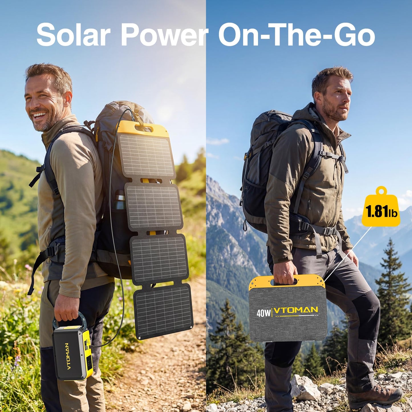 VTOMAN 40W Solar Panel Foldable Portable Small Solar Panel Charger with USB-C and USB-A Outputs for Phone, Tablet, Jump 100/FS300 Portable Power Station - Waterproof for Camping, Hiking,Backpacking